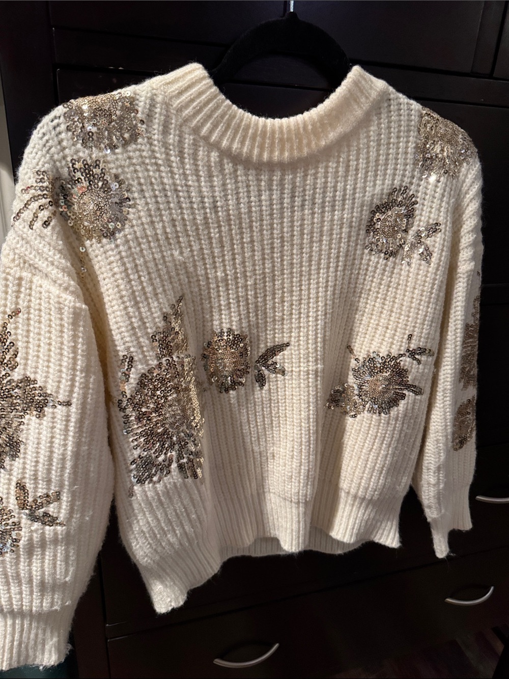 Sequin Floral Cream Crewneck Sweater